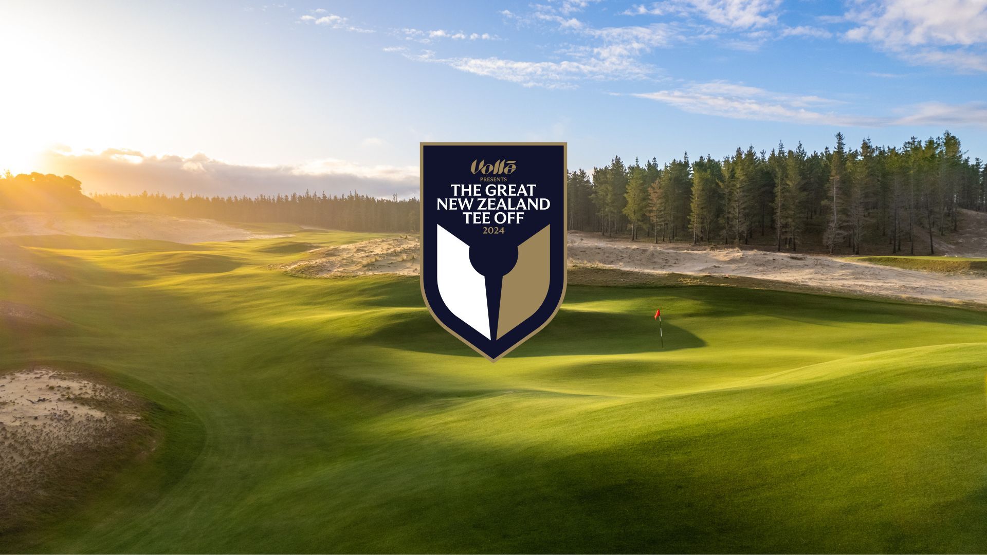 Photo of a pristine golf course. Superimposed text on a stylised shield says: "The Great New Zealand Tee Off"