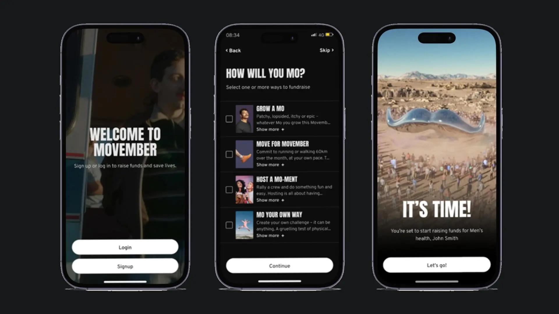 Photo showing three separate screens on the Movember app.