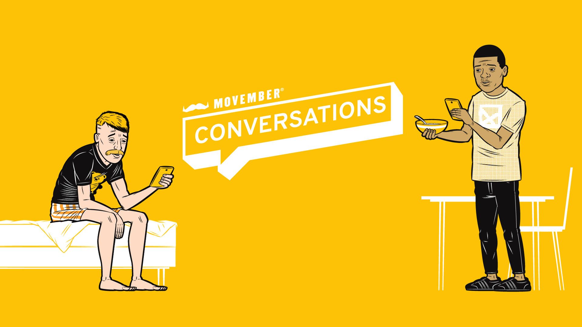 Animation-style illustration showing two men chatting via their phones. Superimposed text reads: "Movember Conversations".