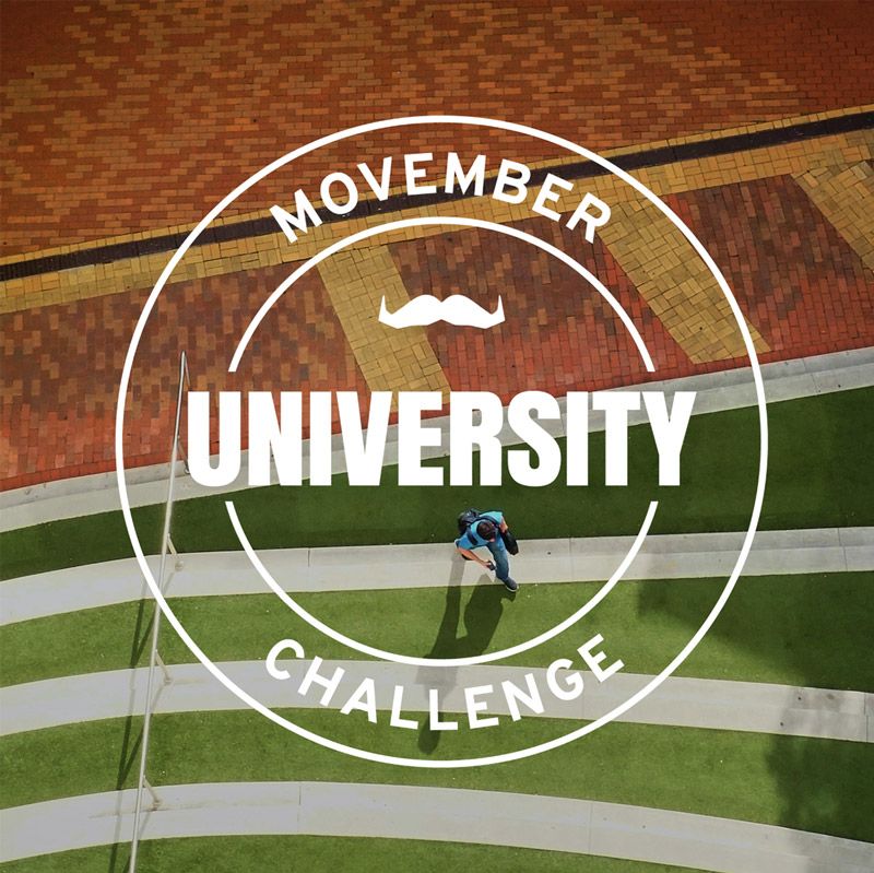 An image of a person walking on campus with text overlay that reads: "Movember University Challenge"